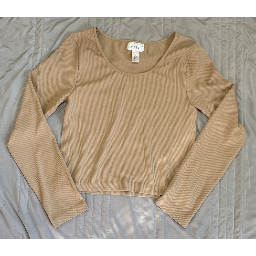 Woman's Long Sleeve Ribbed Tan Crop Top Size 1X